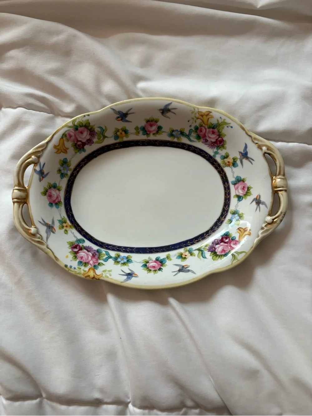Noritake White Porcelain Handled Serving Tray with Pink Rose and Blue Bird Motif